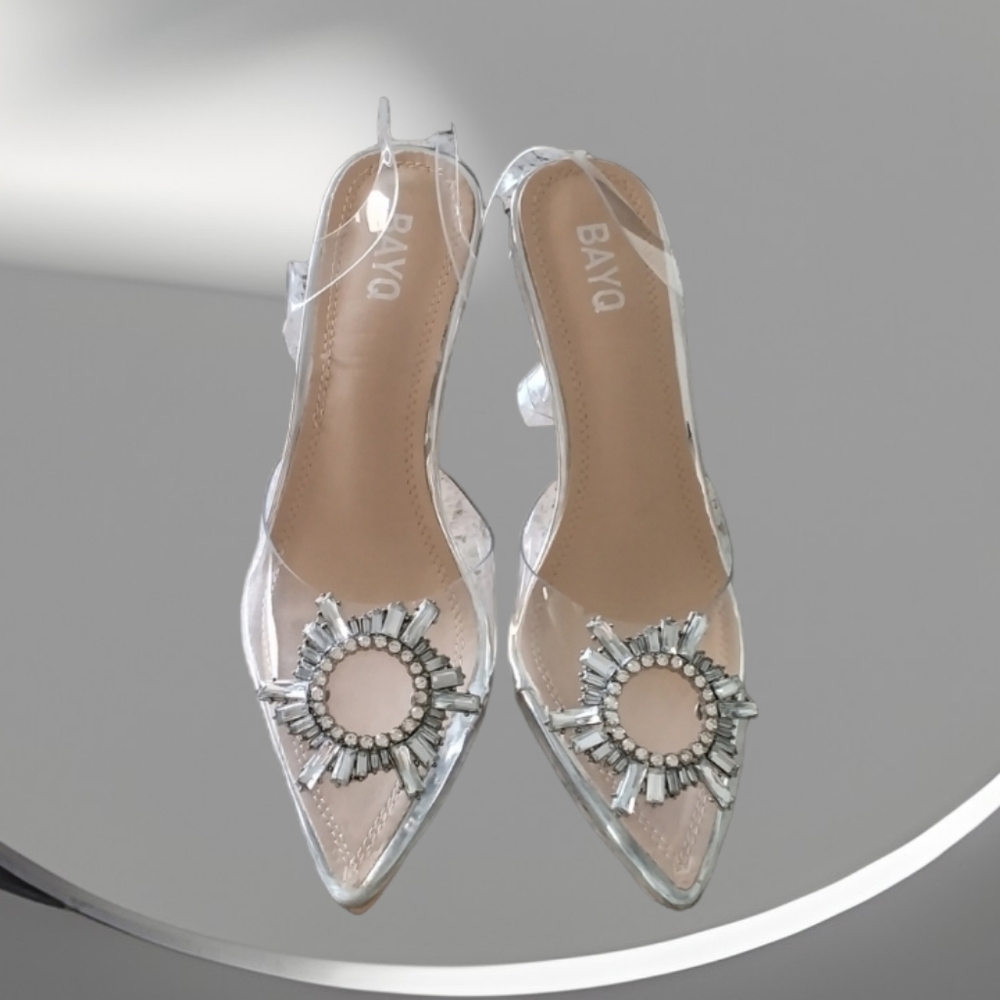 BAYQ Clear Rhinestone Pointed Toe Heels | Silver PVC Wedding Pumps BNIB - Picture 3 of 7